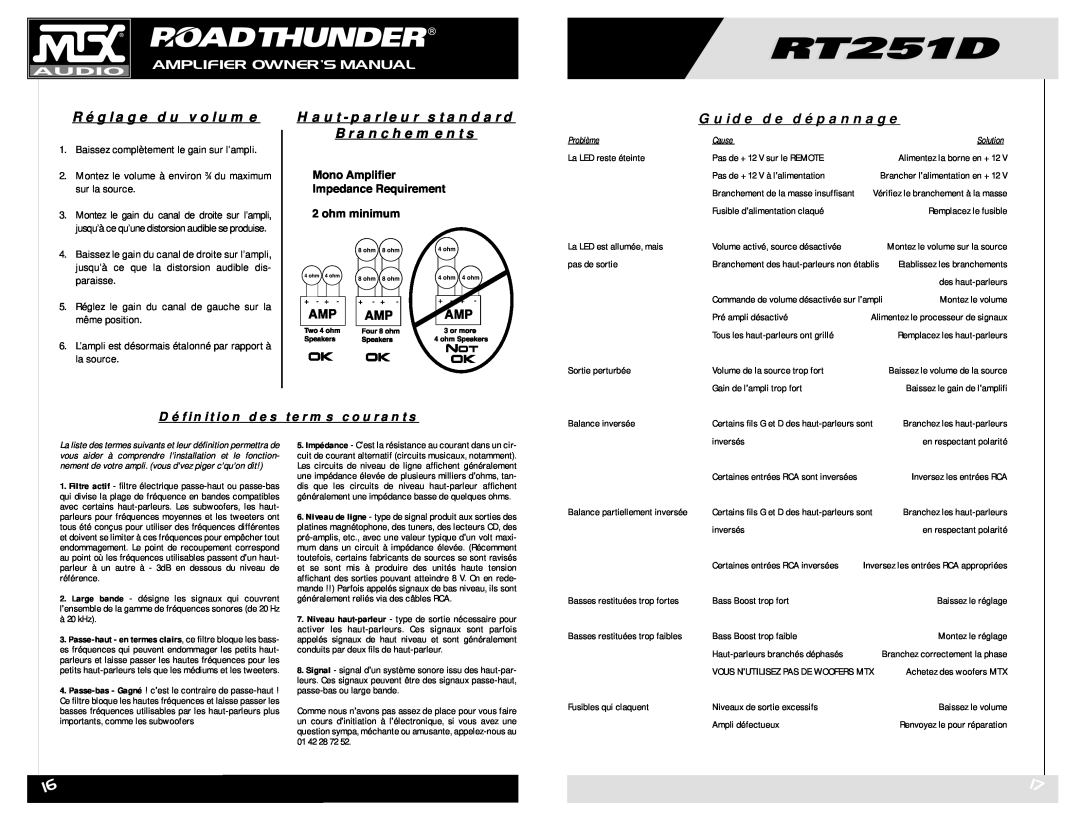 MTX Audio RT251D Réglage du volume, Haut-parleurstandard Branchements, Guide de dépannage, Définition des terms courants 