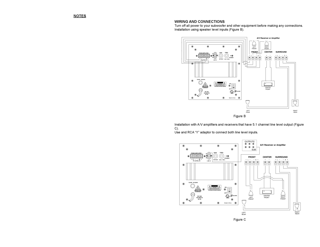 MTX Audio SUB8 owner manual Wiring and Connections, Figure C 