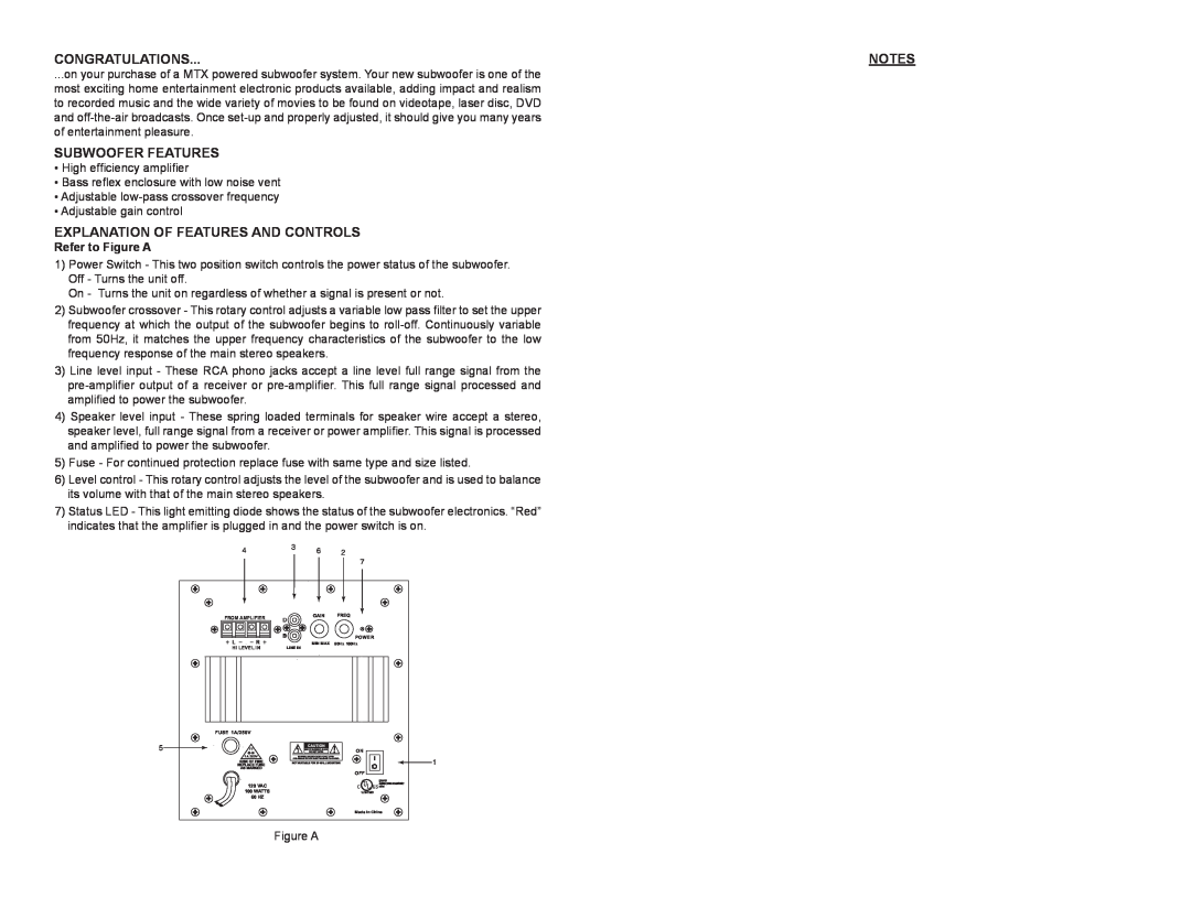 MTX Audio SUB8 owner manual Congratulations, Subwoofer Features, Explanation Of Features And Controls, Refer to Figure A 
