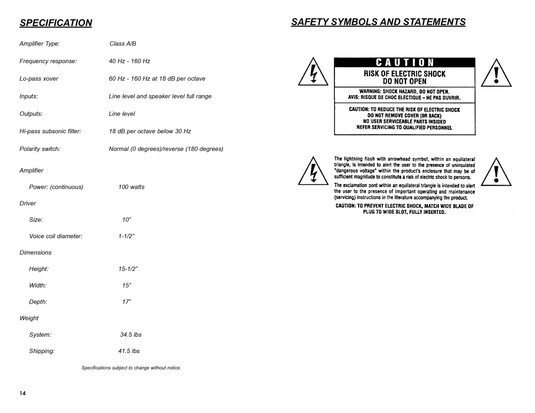 MTX Audio SW1 owner manual Specification, Safety Symbols and Statements 