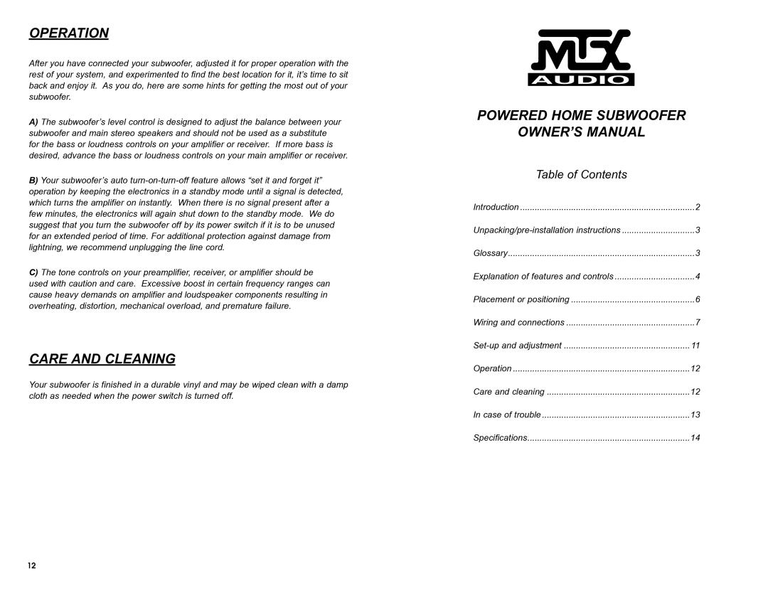 MTX Audio SW1 owner manual Operation, Care and Cleaning, Powered Home Subwoofer 