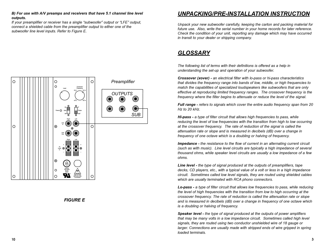 MTX Audio SW1 owner manual UNPACKING/PRE-INSTALLATION Instruction, Glossary 