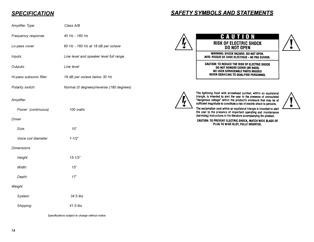MTX Audio SW1 owner manual Specification, Safety Symbols And Statements 