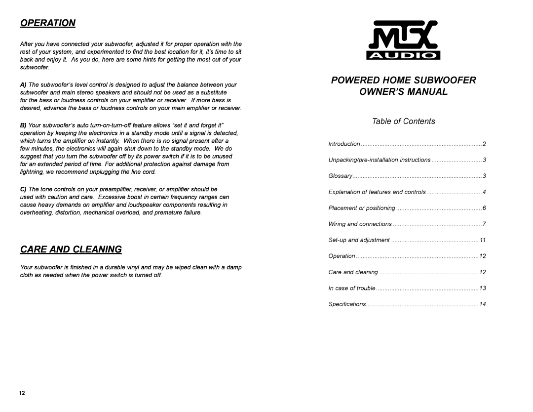 MTX Audio SW1 owner manual Operation, Care And Cleaning, Table of Contents 