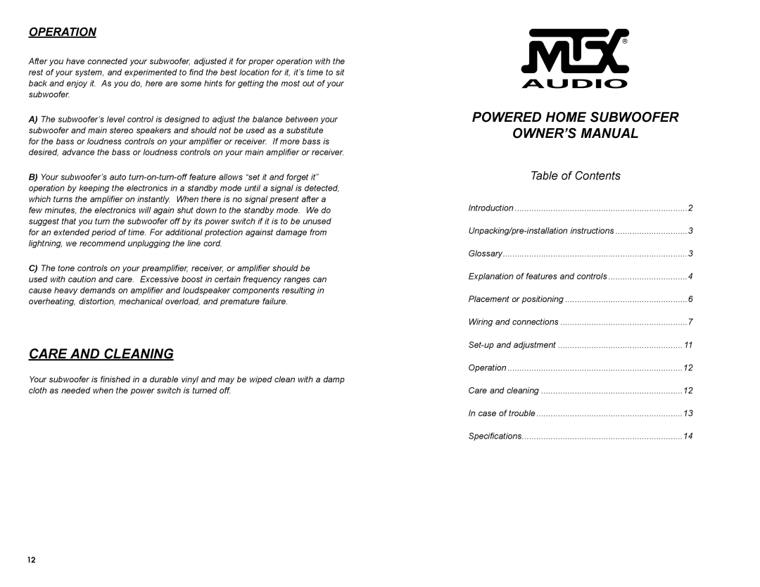 MTX Audio SW1010, SW1212, SW1515 owner manual Care and Cleaning, Powered Home Subwoofer 