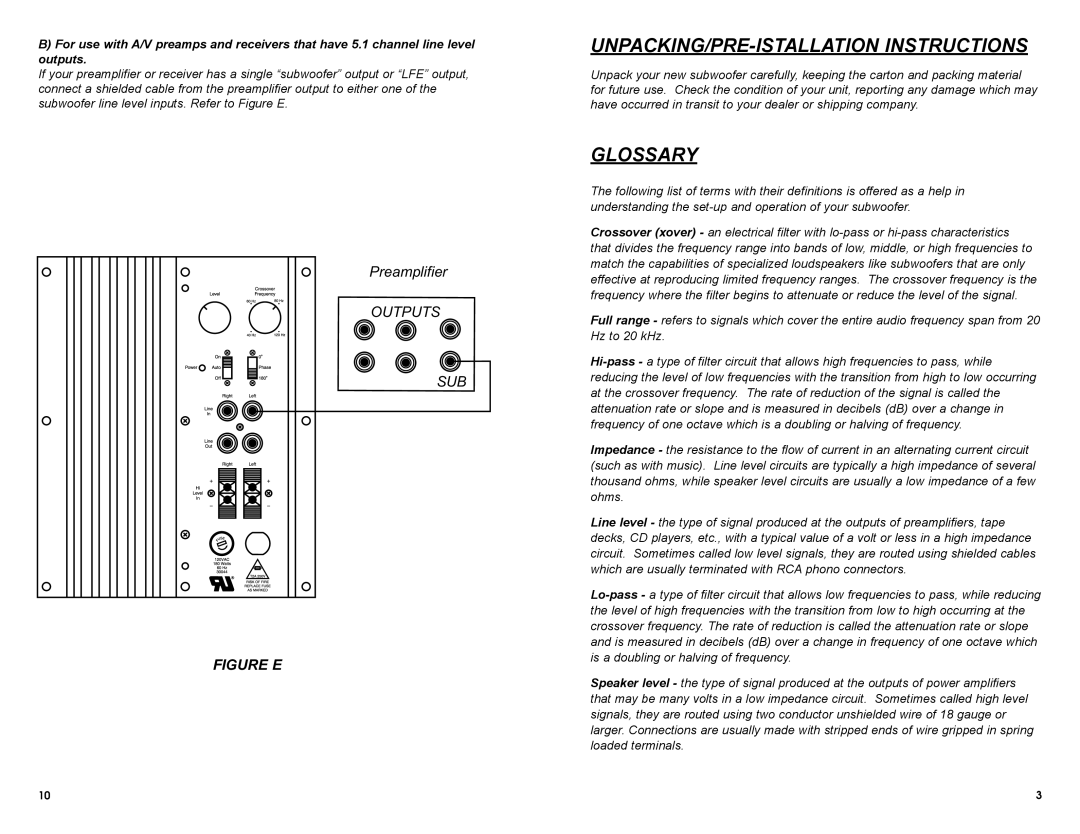 MTX Audio SW1515, SW1212, SW1010 owner manual UNPACKING/PRE-ISTALLATION Instructions, Glossary 