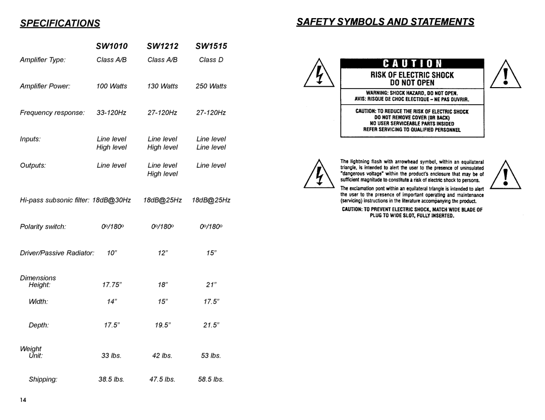MTX Audio SW1212 owner manual Specifications, SW1010, SW1515, Safety Symbols And Statements 