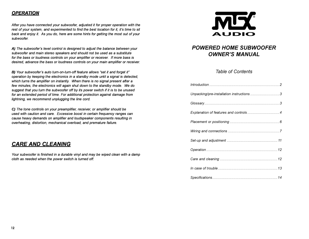MTX Audio SW1010, SW1212, SW1515 owner manual Care And Cleaning, Operation, Table of Contents 