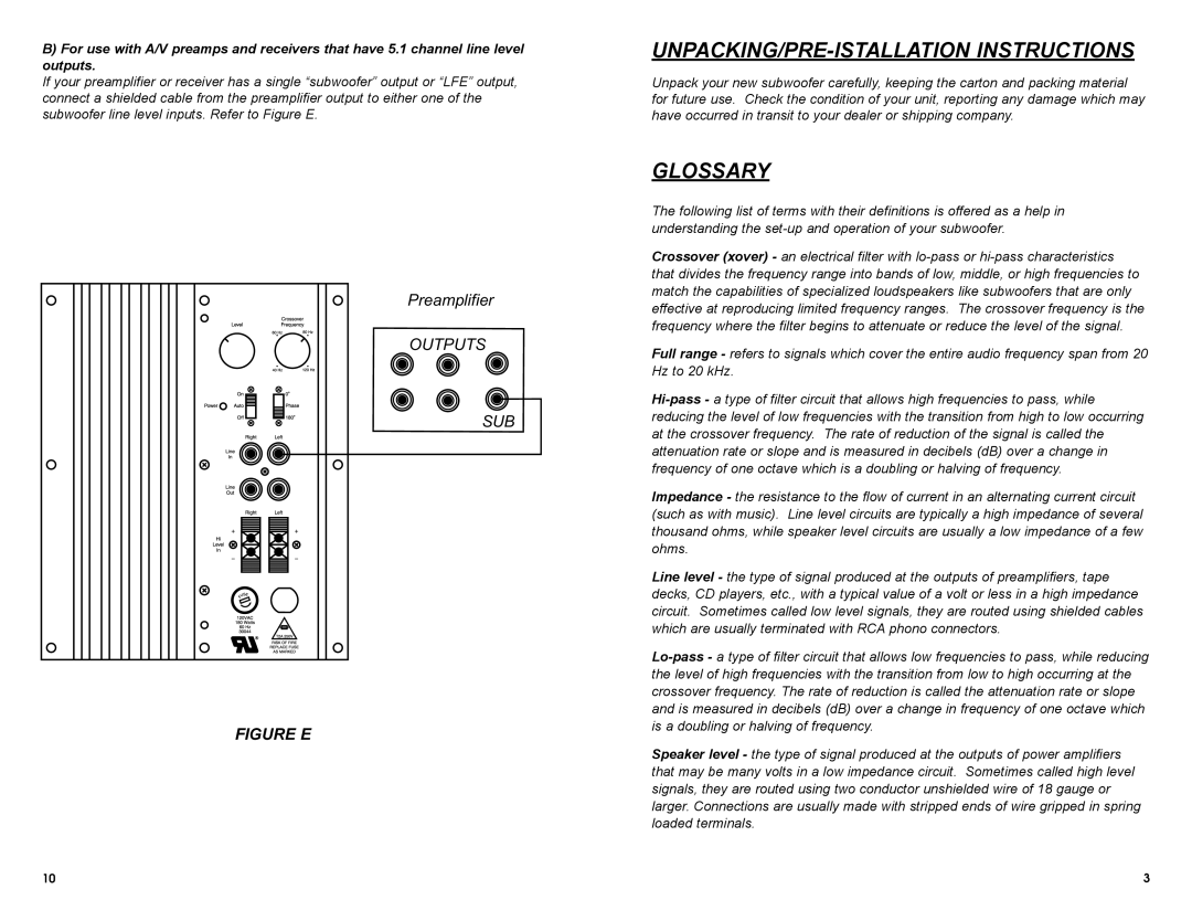 MTX Audio SW1515, SW1212, SW1010 Unpacking/Pre-Istallation Instructions, Glossary, Figure E, Preamplifier OUTPUTS SUB 