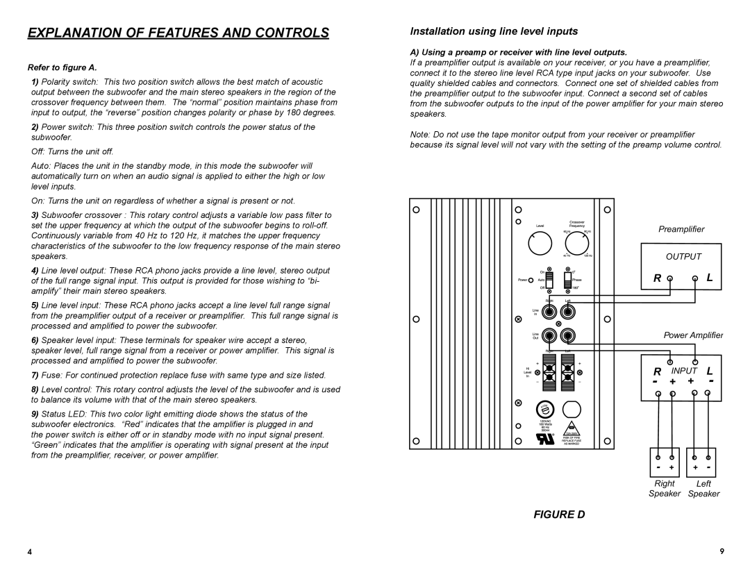 MTX Audio SW1010 Explanation Of Features And Controls, Installation using line level inputs, Figure D, Refer to figure A 
