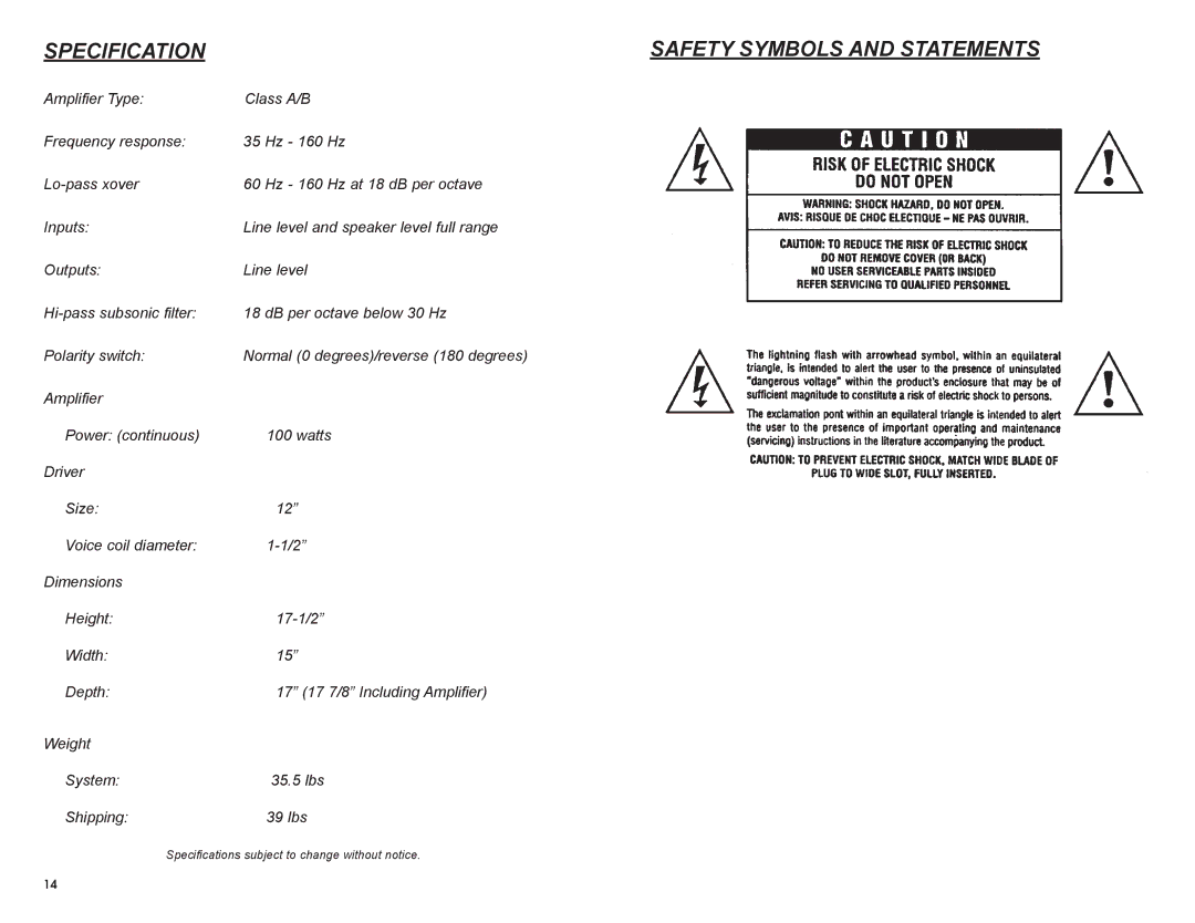 MTX Audio SW2 owner manual Specification, Safety Symbols and Statements 