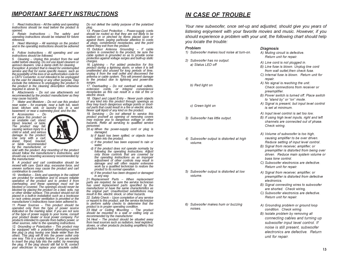 MTX Audio SW2 owner manual Important Safety Instructions Case of Trouble, Outdoor Antenna Grounding If cable 