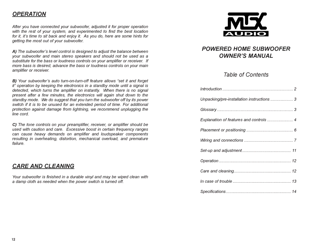 MTX Audio SW2 owner manual Operation, Care and Cleaning, Powered Home Subwoofer 