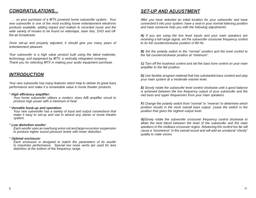 MTX Audio SW2 owner manual Congratulations, Introduction, SET-UP and Adjustment 