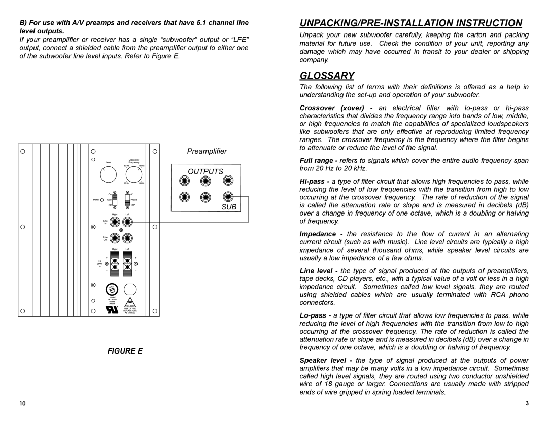 MTX Audio SW2 owner manual UNPACKING/PRE-INSTALLATION Instruction, Glossary 