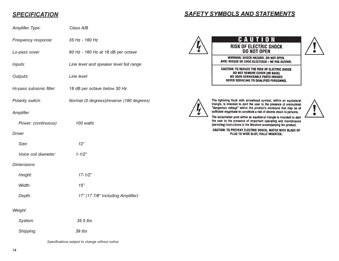 MTX Audio SW2 owner manual Specification, Safety Symbols And Statements 