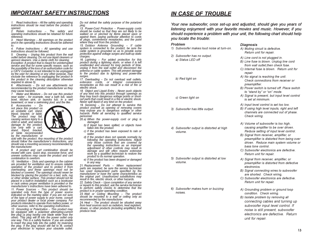 MTX Audio SW2 owner manual Important Safety Instructions, In Case Of Trouble, Problem, Diagnosis 