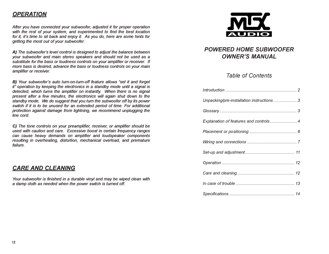 MTX Audio SW2 owner manual Operation, Care And Cleaning, Table of Contents 