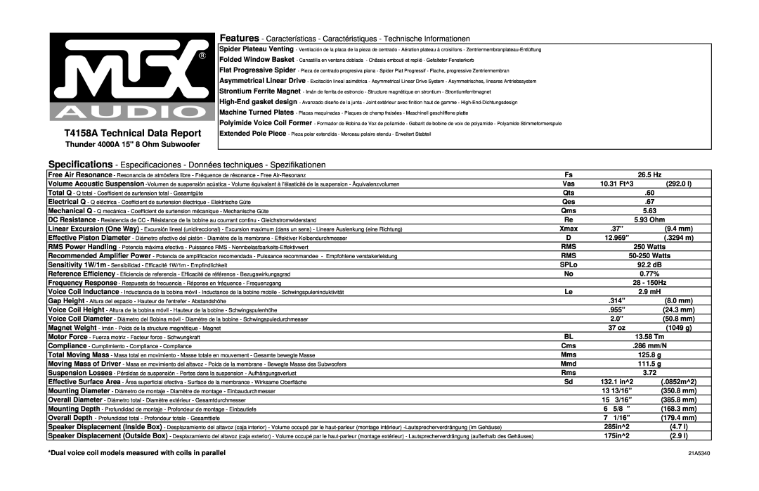 MTX Audio specifications T4158A Technical Data Report, Thunder 4000A 15 8 Ohm Subwoofer 