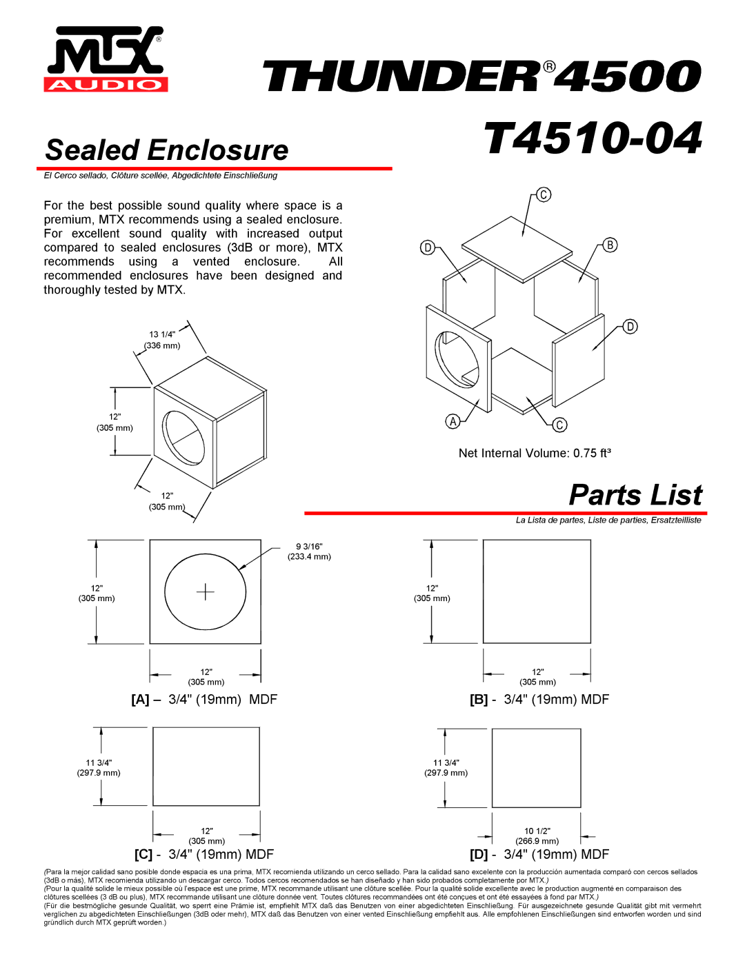 MTX Audio T4510-04 specifications Sealed Enclosure, Parts List 