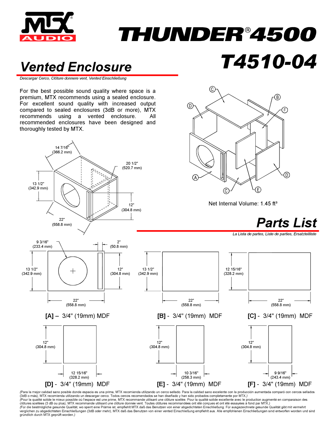 MTX Audio T4510-04 specifications Vented Enclosure 