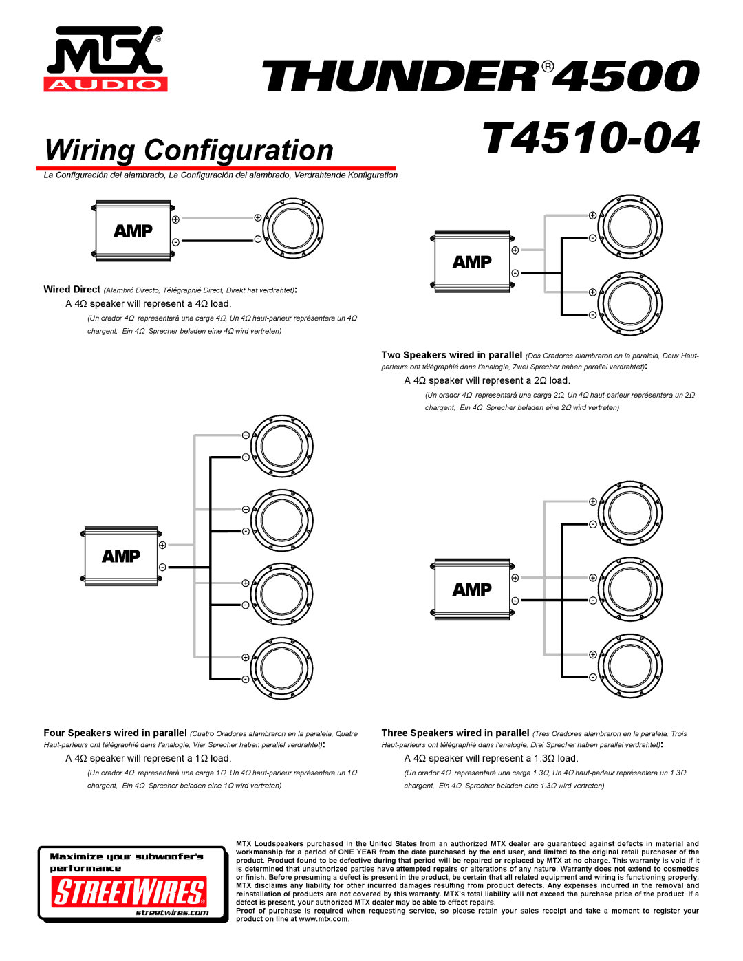 MTX Audio T4510-04 specifications Wiring Configuration, Amp 