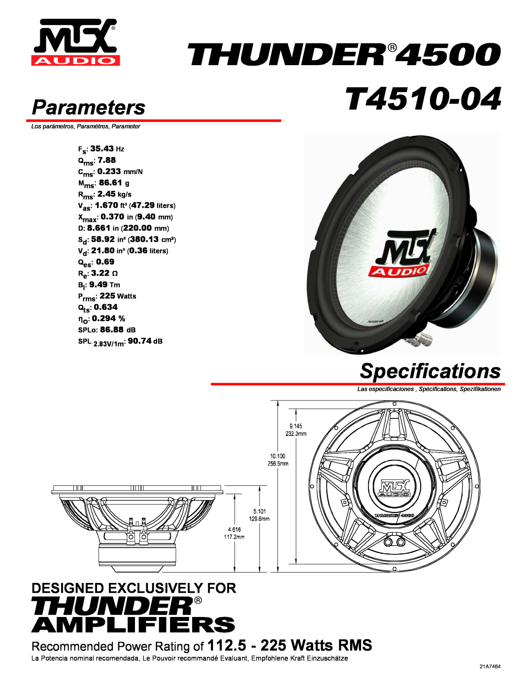 MTX Audio T4510-04 specifications Parameters, Specifications, Amplifiers, Designed Exclusively For, Fs 35.43 Hz Qms 