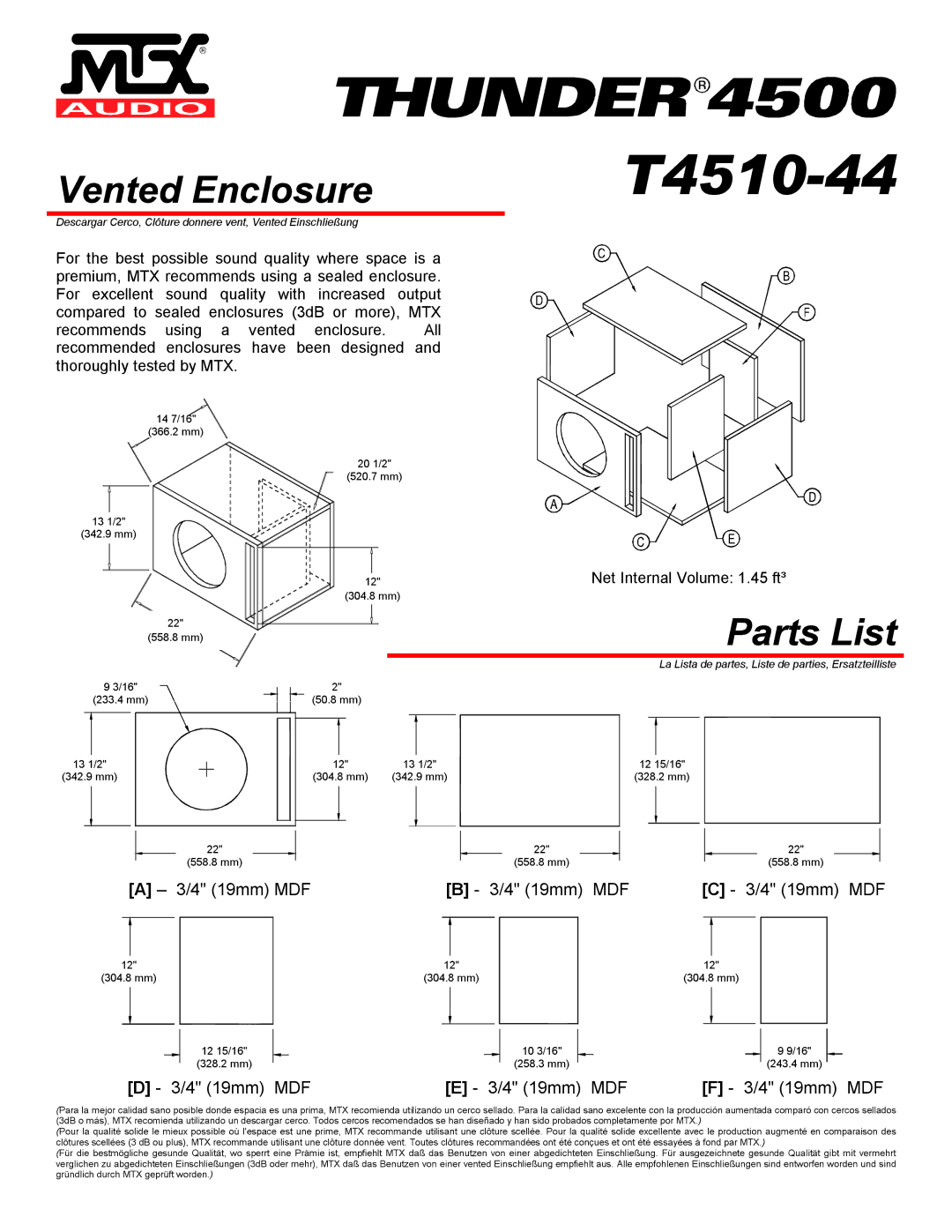 MTX Audio T4510-44 specifications Vented Enclosure 