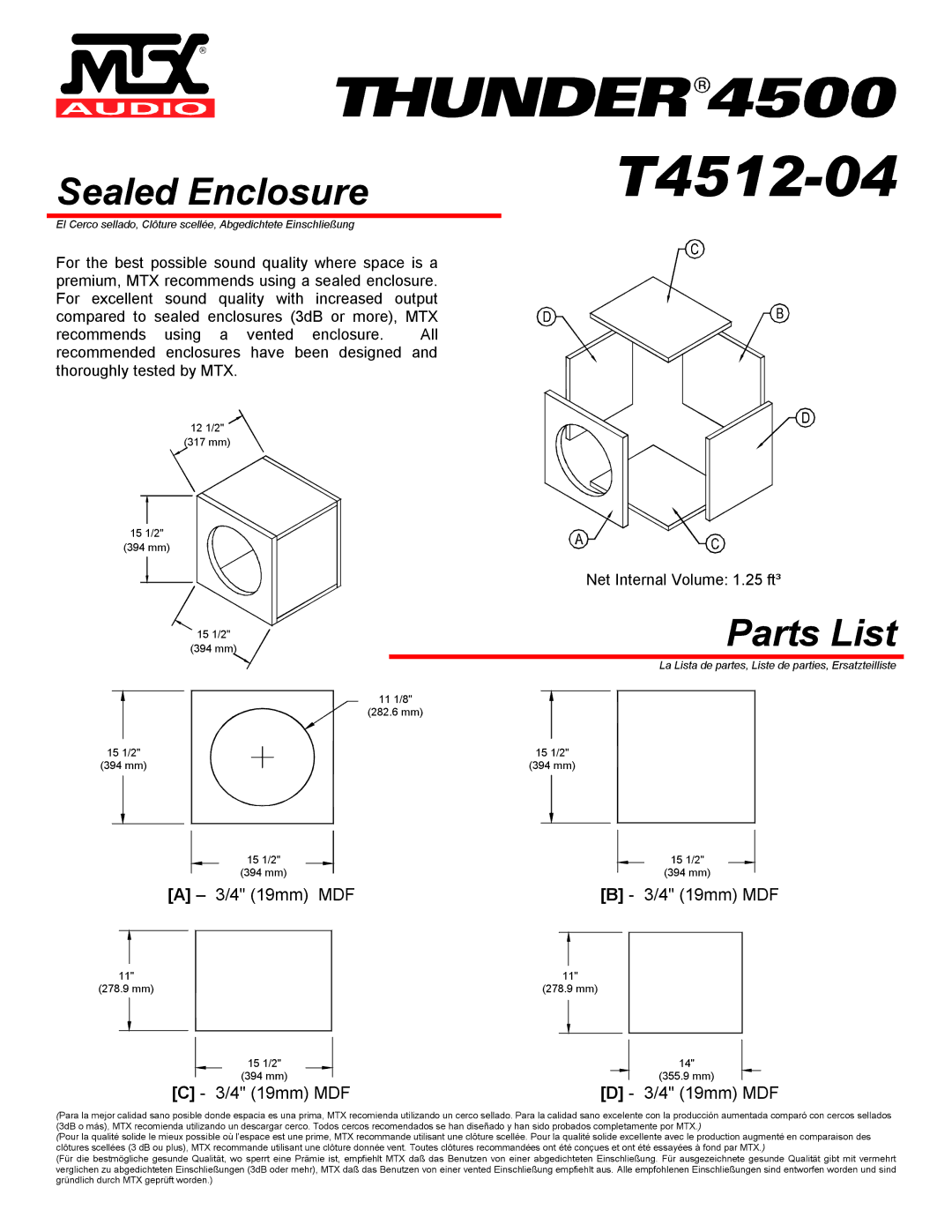 MTX Audio T4512-04 specifications Sealed Enclosure, Parts List 