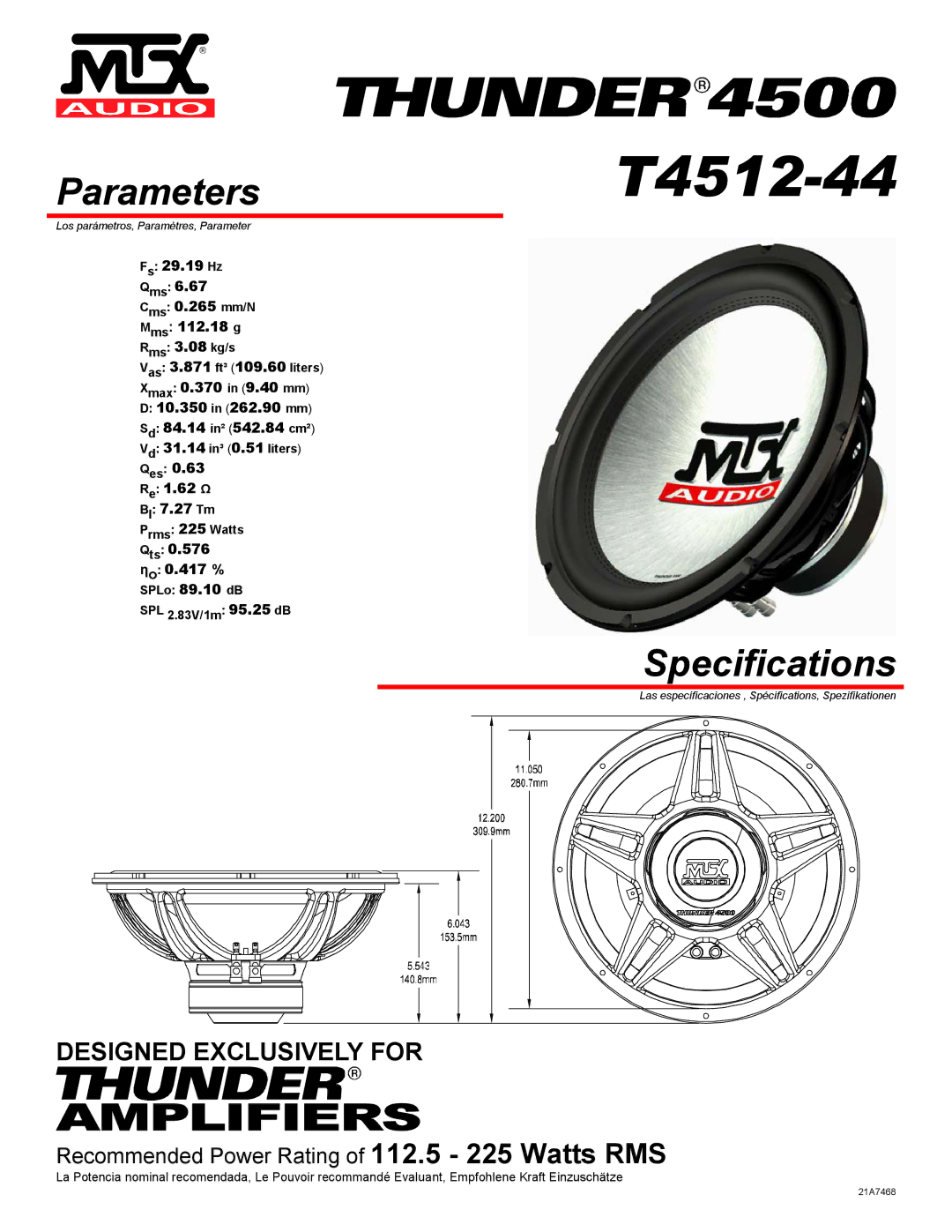 MTX Audio T4512-44 specifications Parameters, Specifications 