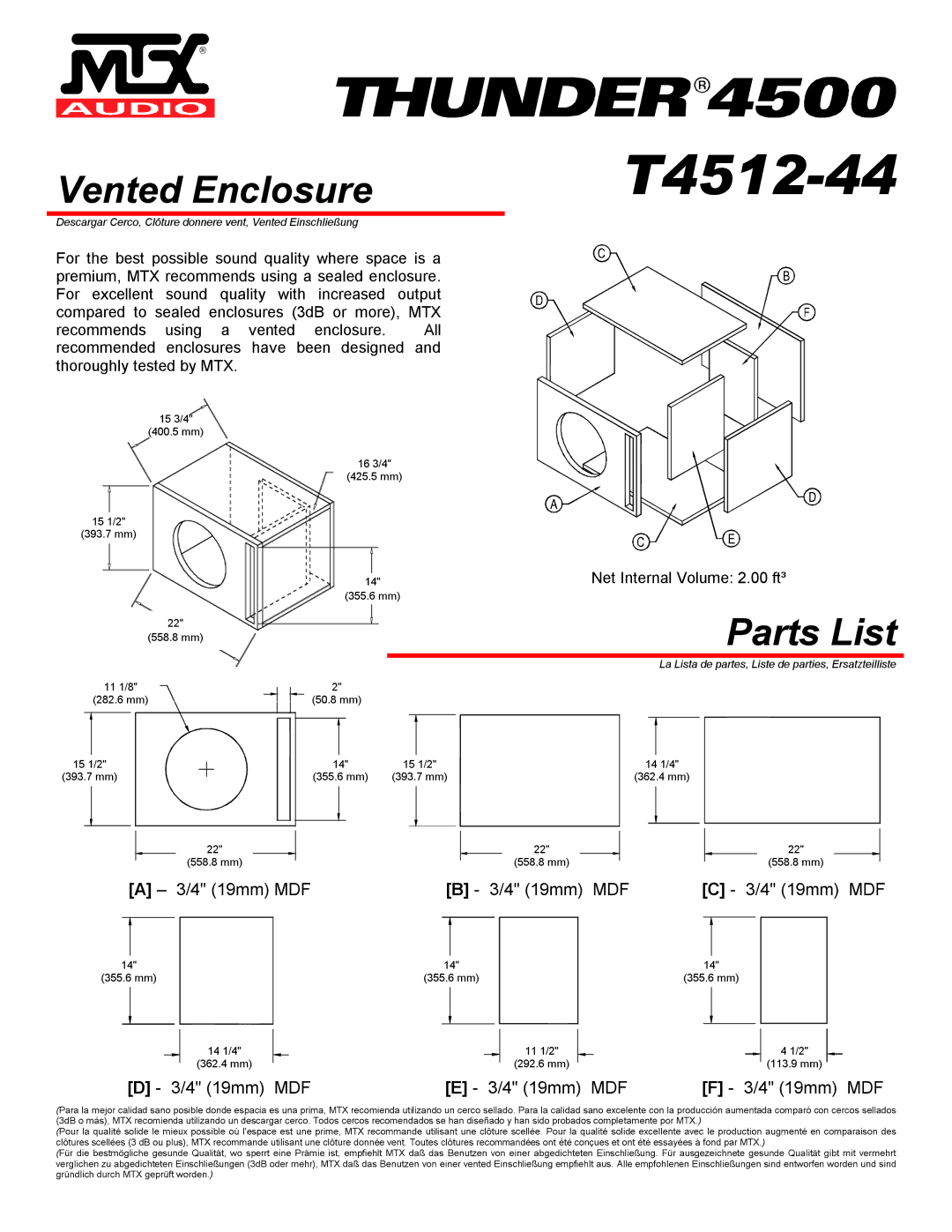 MTX Audio T4512-44 specifications Vented Enclosure 