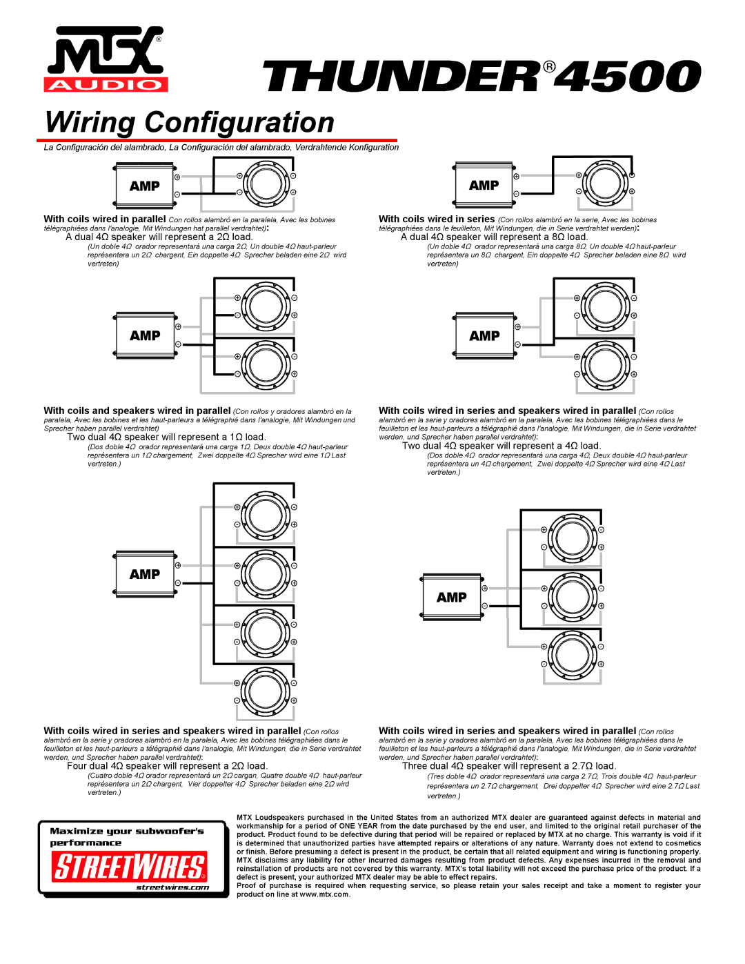 MTX Audio T4512-44 specifications Wiring Configuration, Amp 