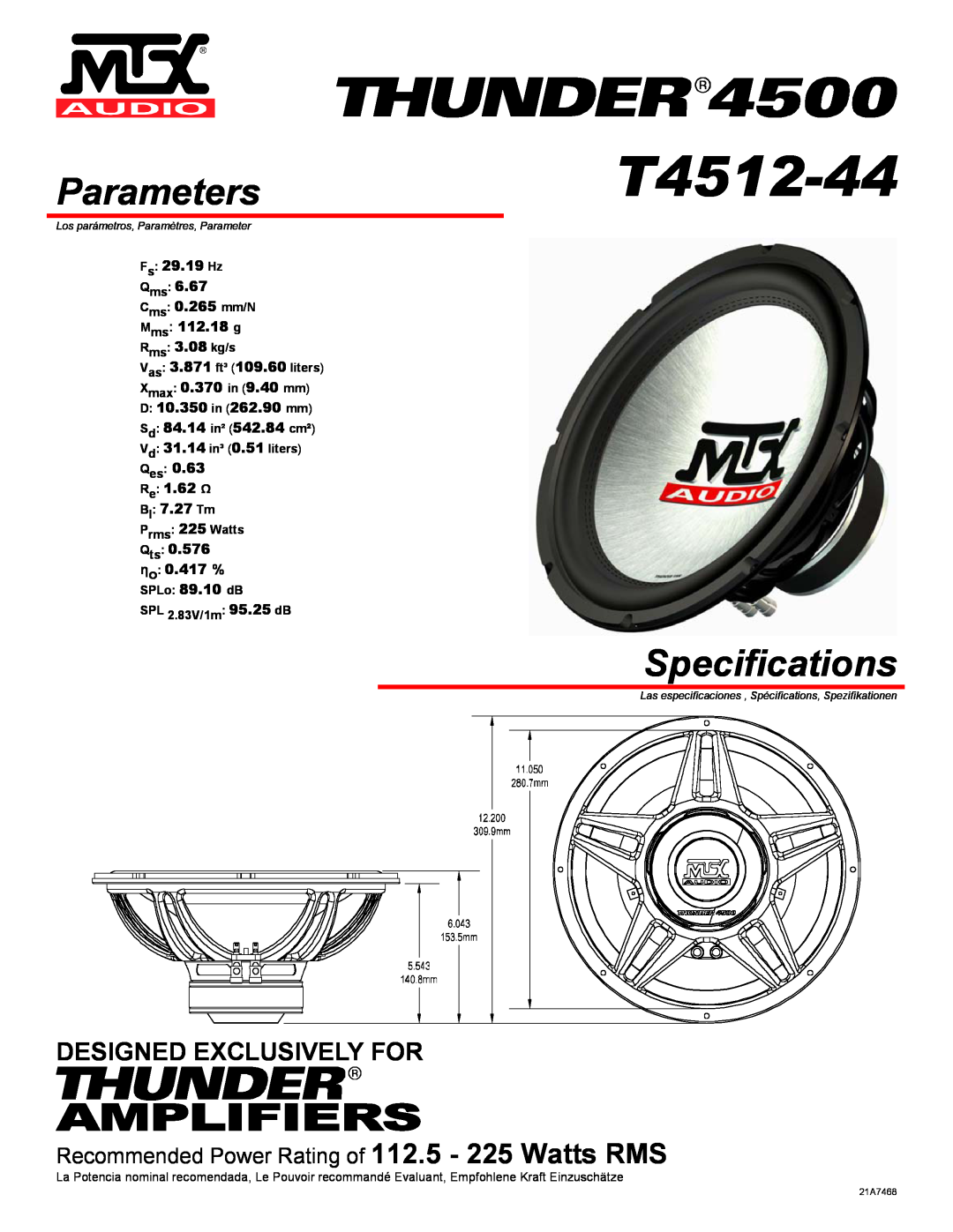 MTX Audio T4512-44 specifications Parameters, Specifications, Amplifiers, Designed Exclusively For, Fs 29.19 Hz Qms 