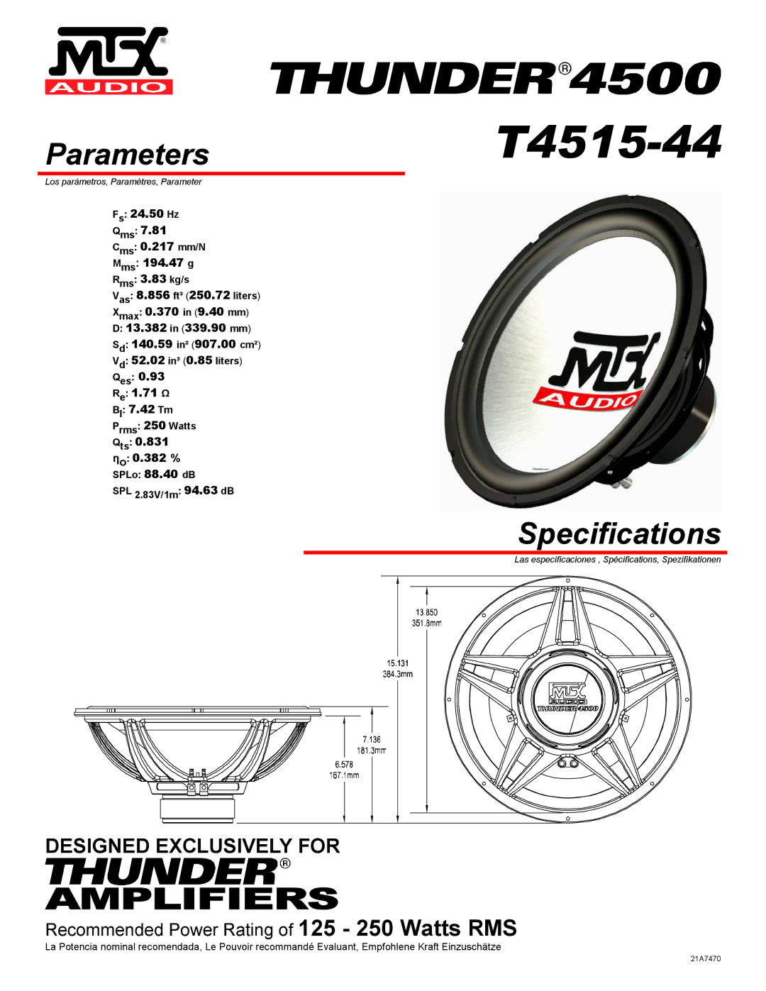 MTX Audio T4515-44 specifications Parameters, Specifications 