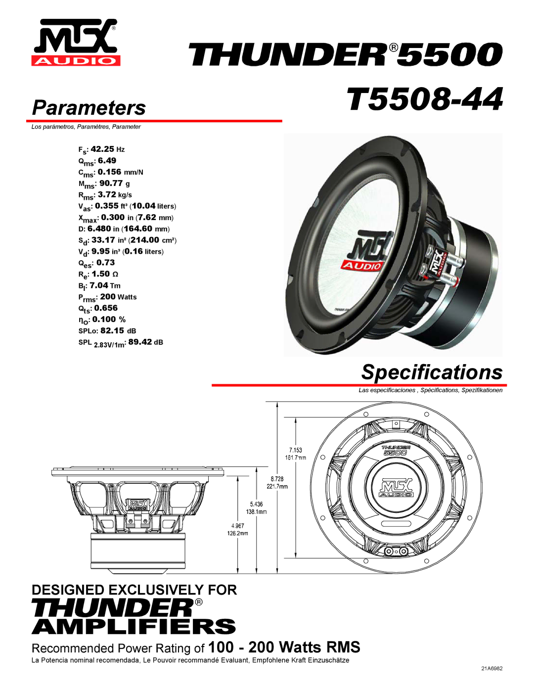 MTX Audio T5508-44 specifications Parameters, Specifications 