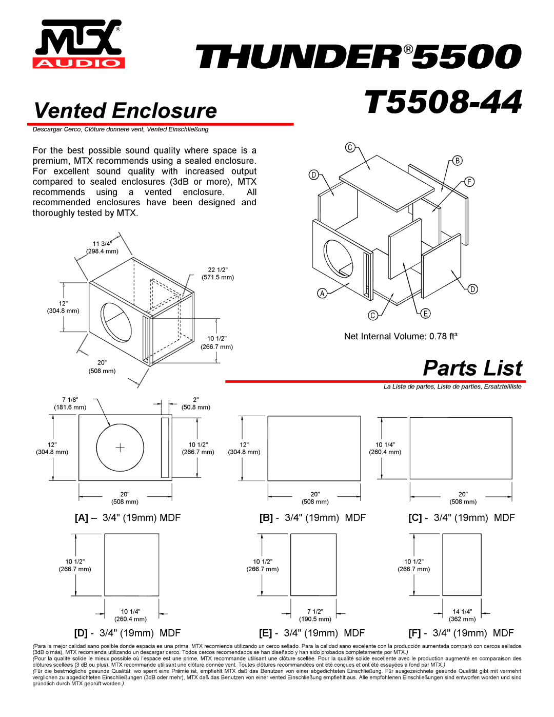 MTX Audio T5508-44 specifications Vented Enclosure 