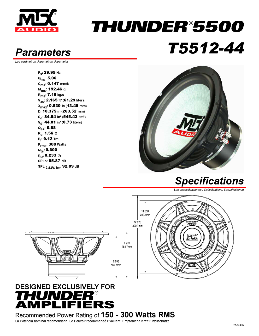 MTX Audio T5512-44 specifications Parameters, Specifications 