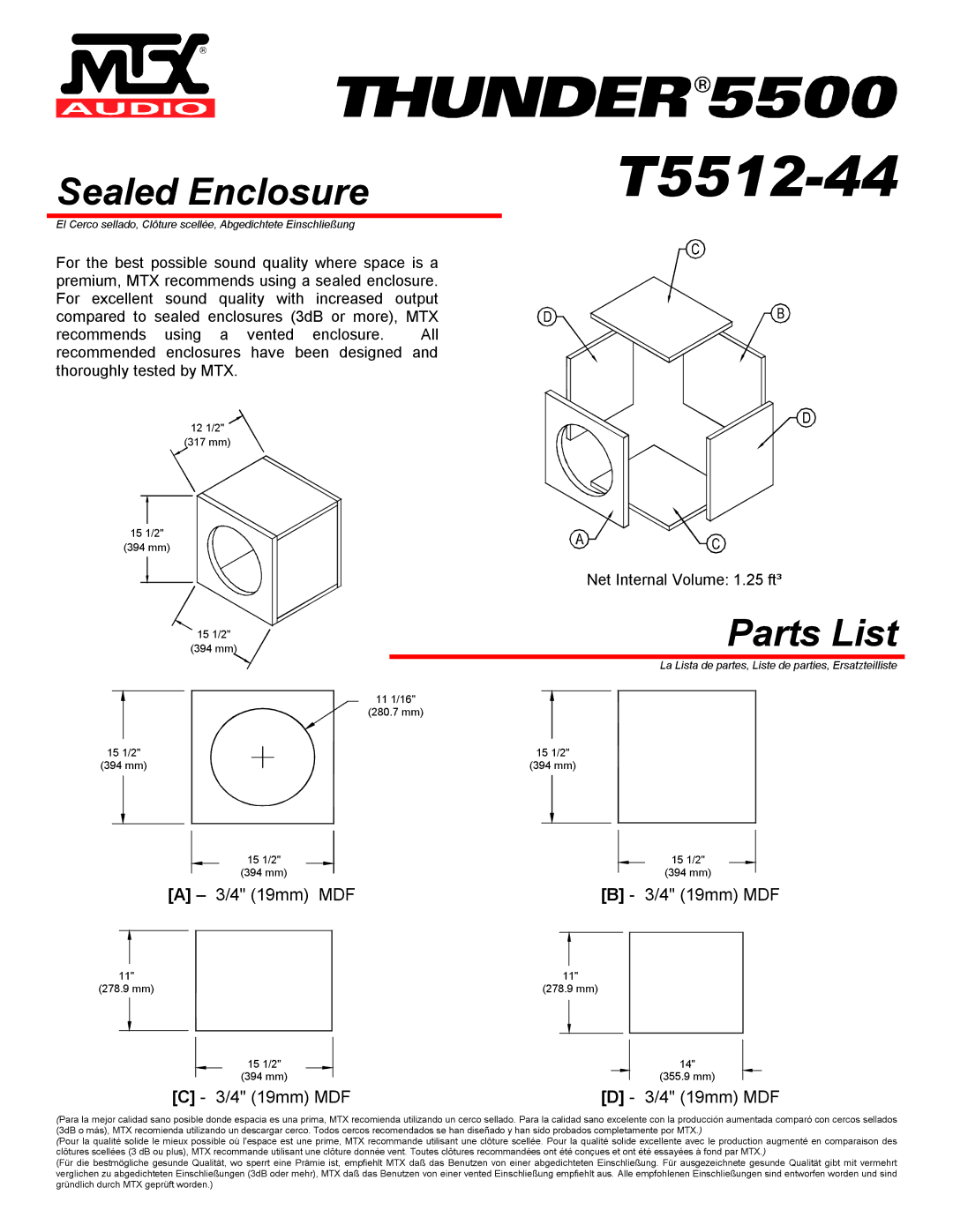 MTX Audio T5512-44 specifications Sealed Enclosure, Parts List 