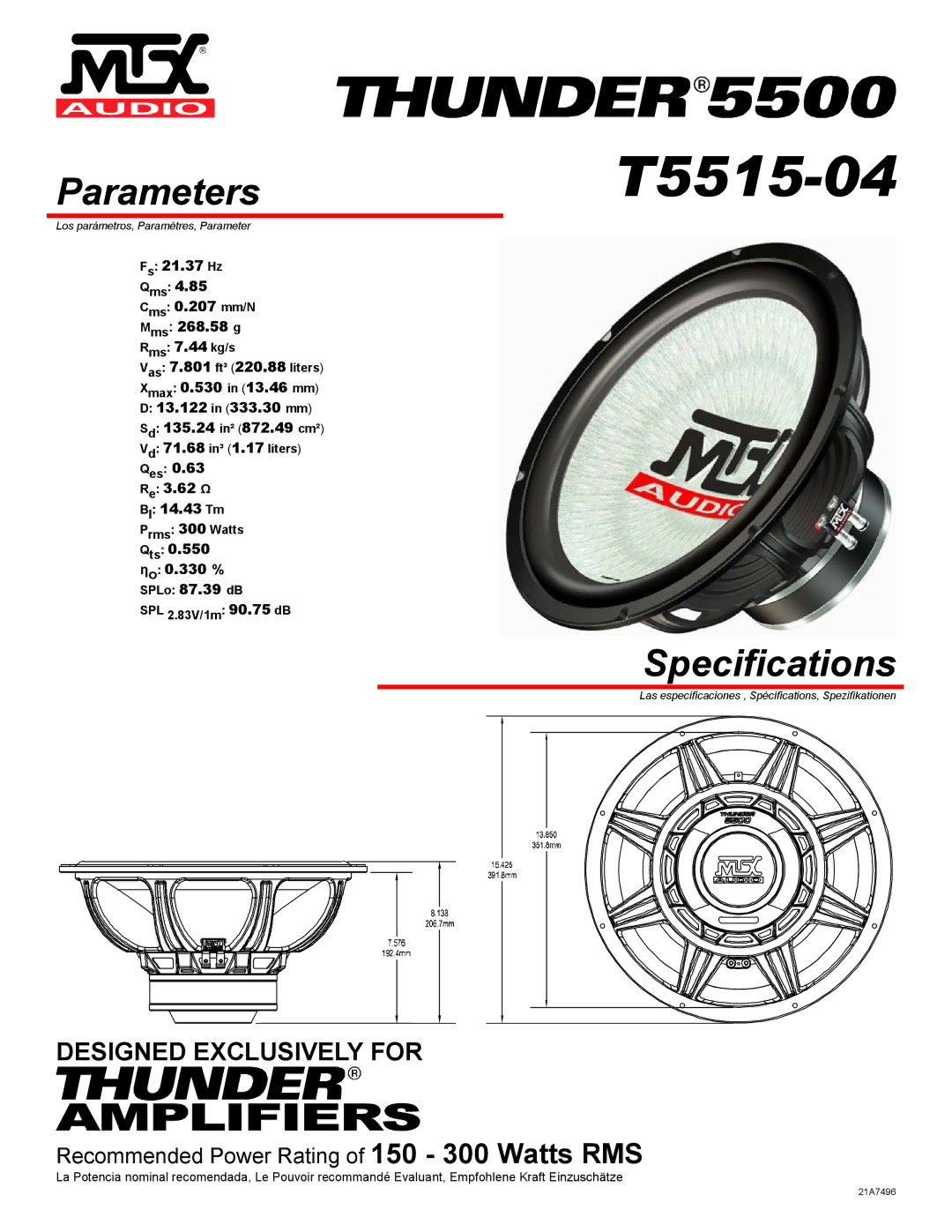 MTX Audio T5515-04 specifications Parameters, Specifications 