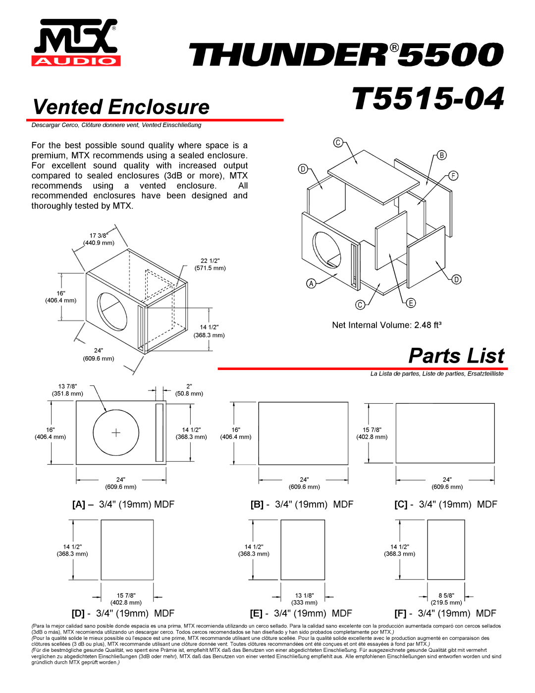 MTX Audio T5515-04 specifications Vented Enclosure 