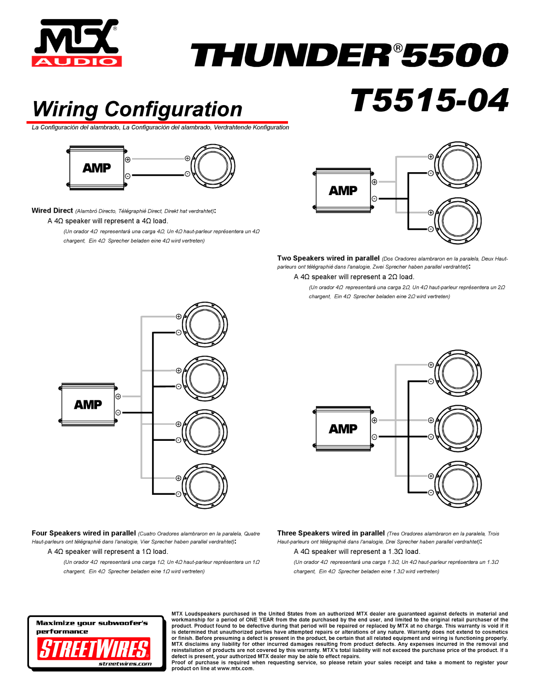 MTX Audio T5515-04 specifications Wiring Configuration, Amp 