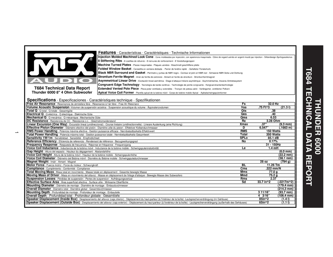 MTX Audio specifications T684 Technical Data Report, Thunder 6000 8 4 Ohm Subwoofer, 32.0 Hz, 28 oz 