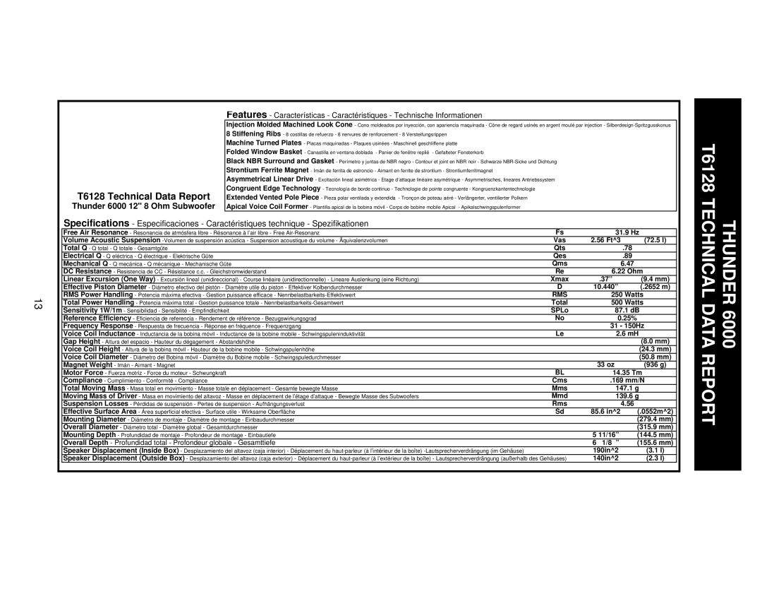 MTX Audio T684 specifications T6128 Technical Data Report, Thunder 6000 12 8 Ohm Subwoofer, 31.9 Hz 