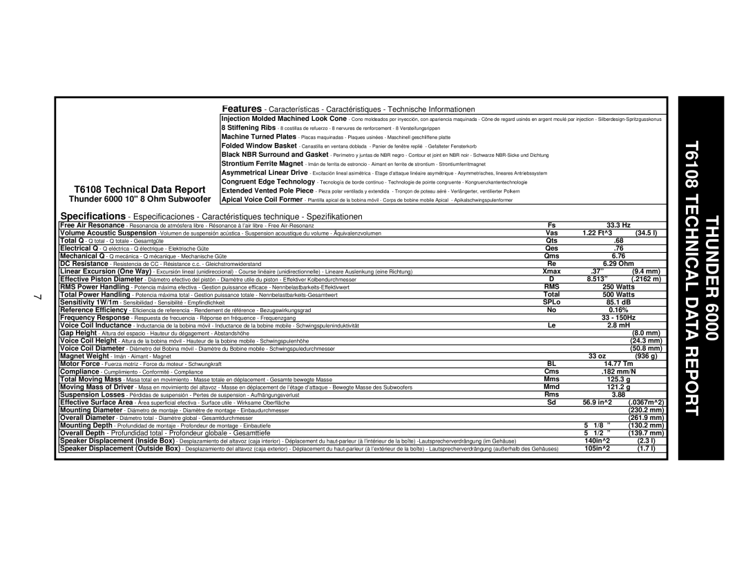 MTX Audio T684 specifications T6108, Thunder 6000 10 8 Ohm Subwoofer, 33.3 Hz, Total 
