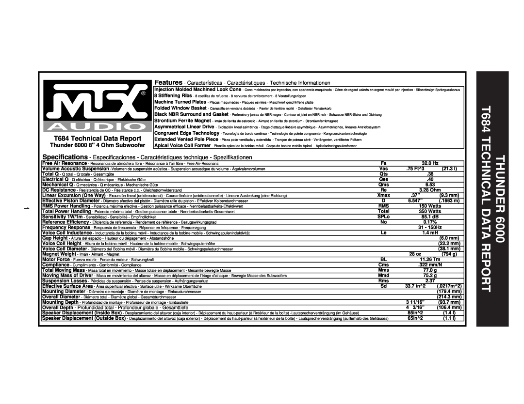 MTX Audio specifications THUNDER 6000 TECHNICAL DATA REPORT, T684 Technical Data Report, Thunder 6000 8 4 Ohm Subwoofer 