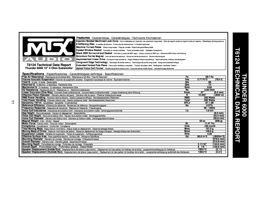 MTX Audio T684 specifications T6124 Technical Data Report, Thunder 6000 12 4 Ohm Subwoofer 