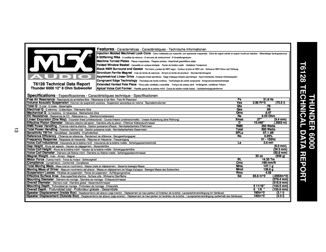 MTX Audio T684 specifications T6128 Technical Data Report, Thunder 6000 12 8 Ohm Subwoofer 