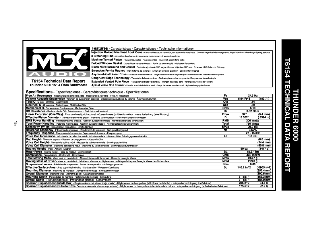 MTX Audio T684 specifications T6154 Technical Data Report, Thunder 6000 15 4 Ohm Subwoofer 