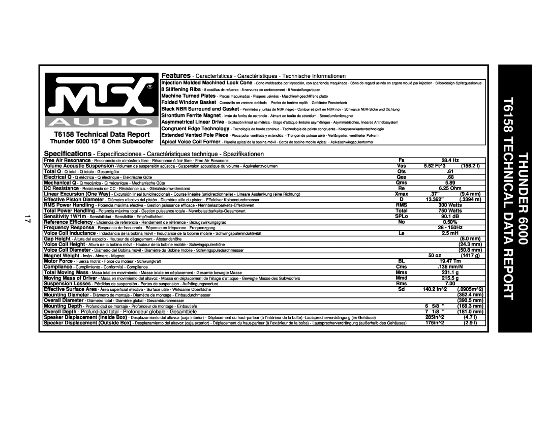 MTX Audio T684 specifications T6158 Technical Data Report, Thunder 6000 15 8 Ohm Subwoofer 