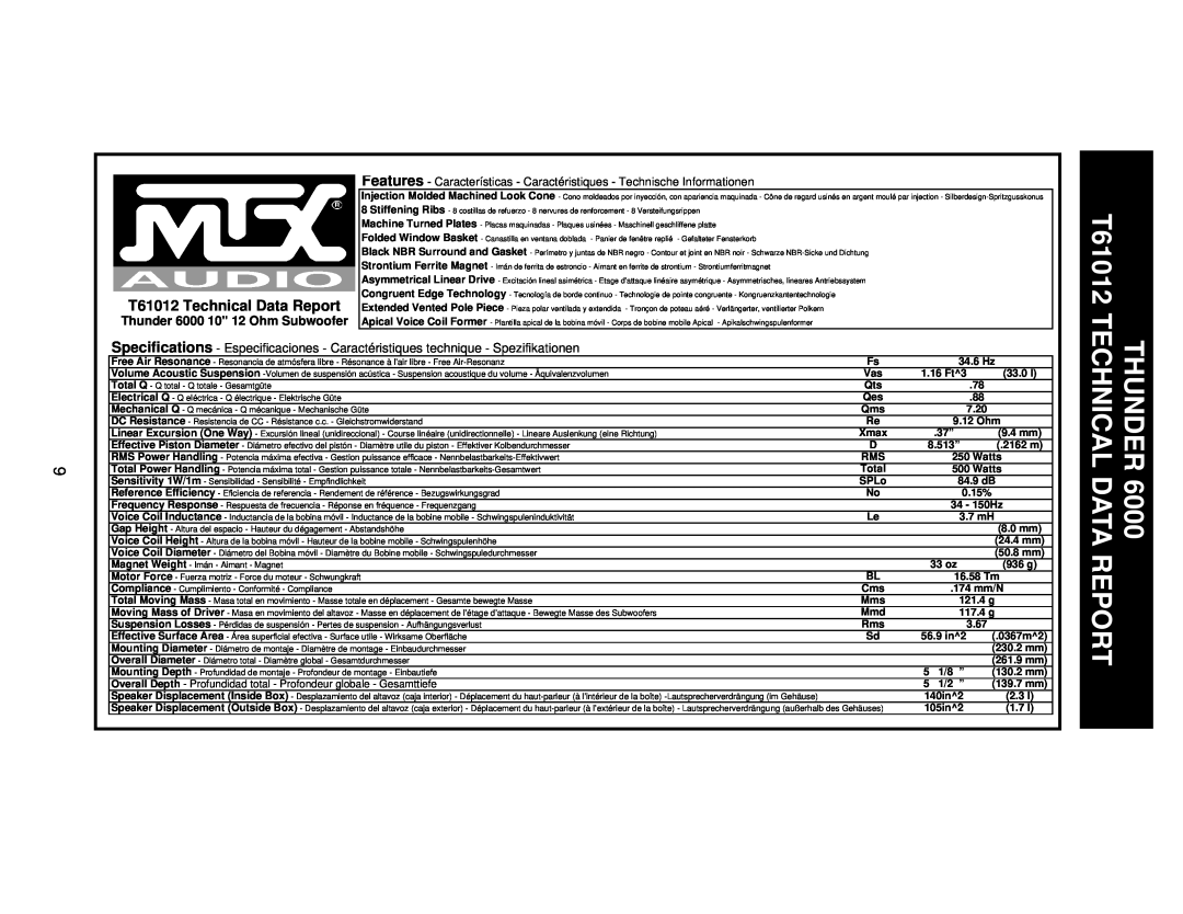 MTX Audio T684 specifications T61012 Technical Data Report, Thunder 6000 10 12 Ohm Subwoofer 
